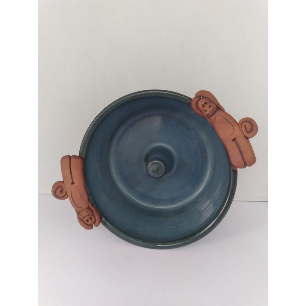 Handmade Pottery Apple‎ Baker Roaster with Whimsical Figural Handles Blue